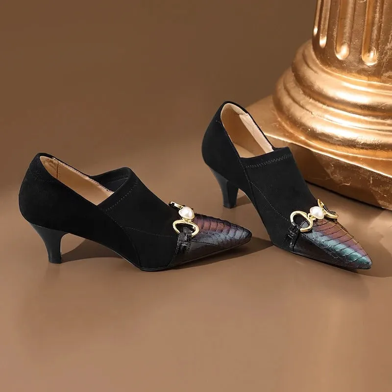 Trendy Slay Snake-Embossed Genuine Leather Pointed Toe Pumps