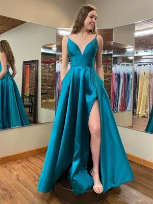 V Neck Blue Satin Long Prom Dresses, V Neck Blue Satin Long Formal Evening Dresses