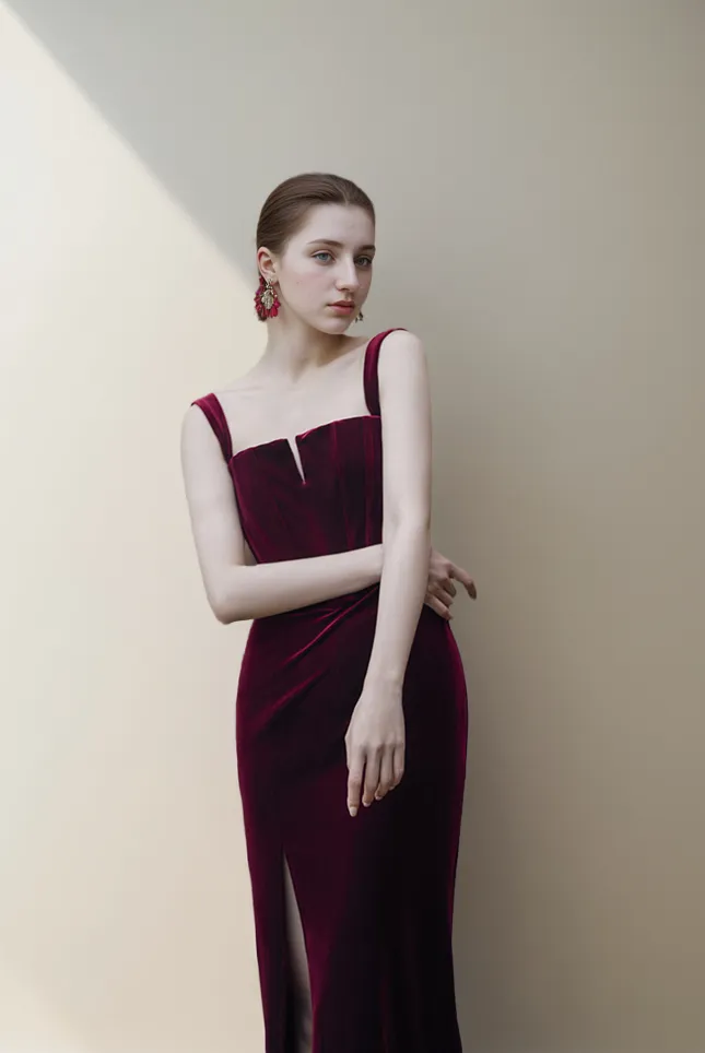 Vintage Spaghetti Strap Square Neckline Velvet Dress with Side Slit