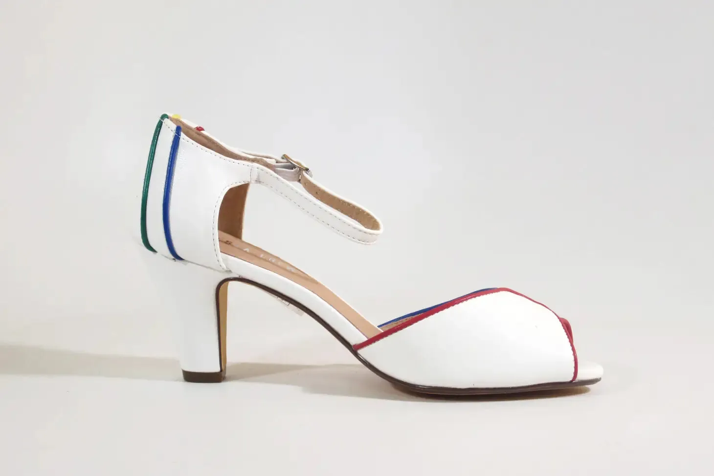 White Peep Toe Heels with Multicolor Piping by Chelsea Crew