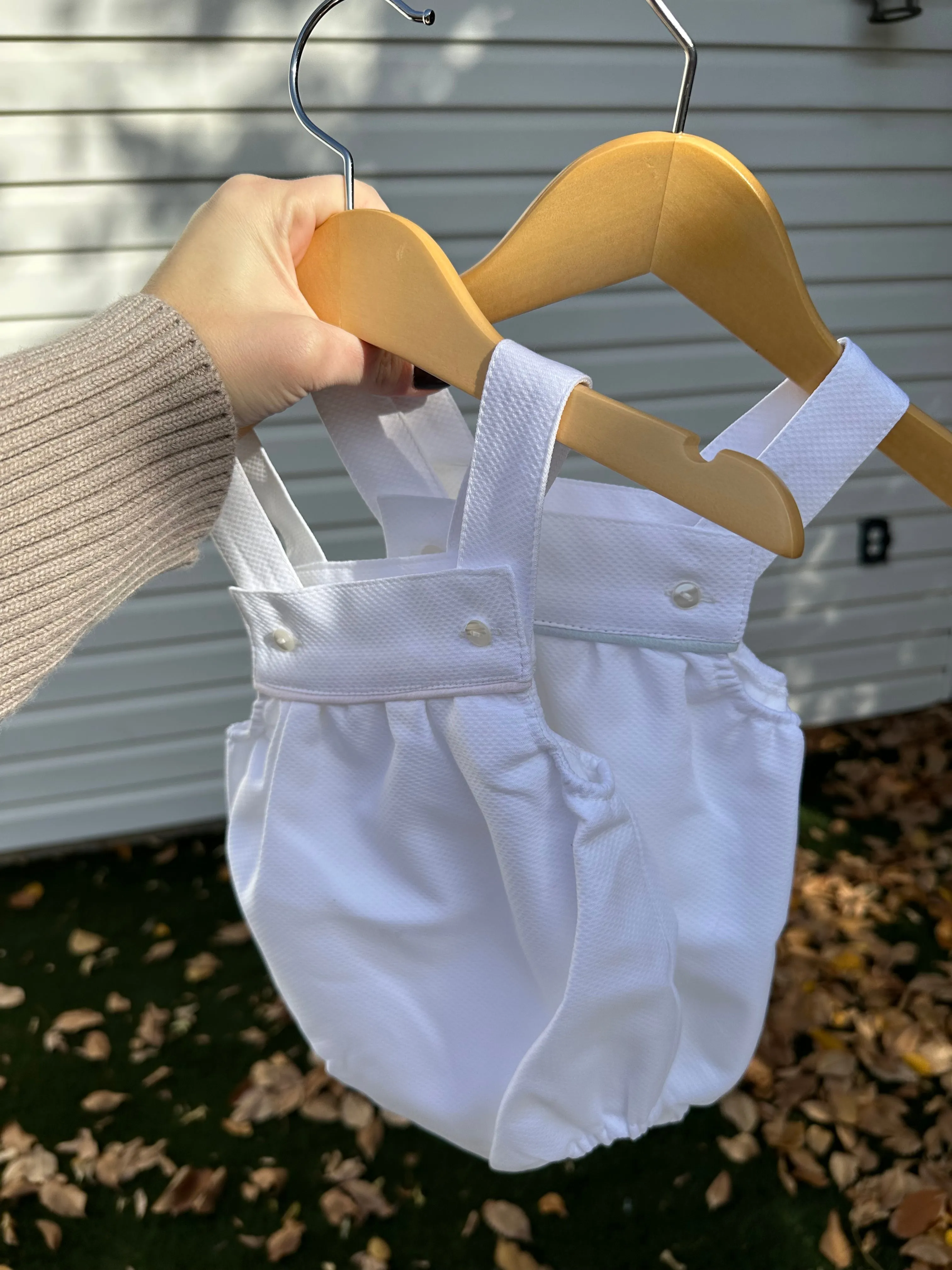 White Piqué Romper with Blue Trim