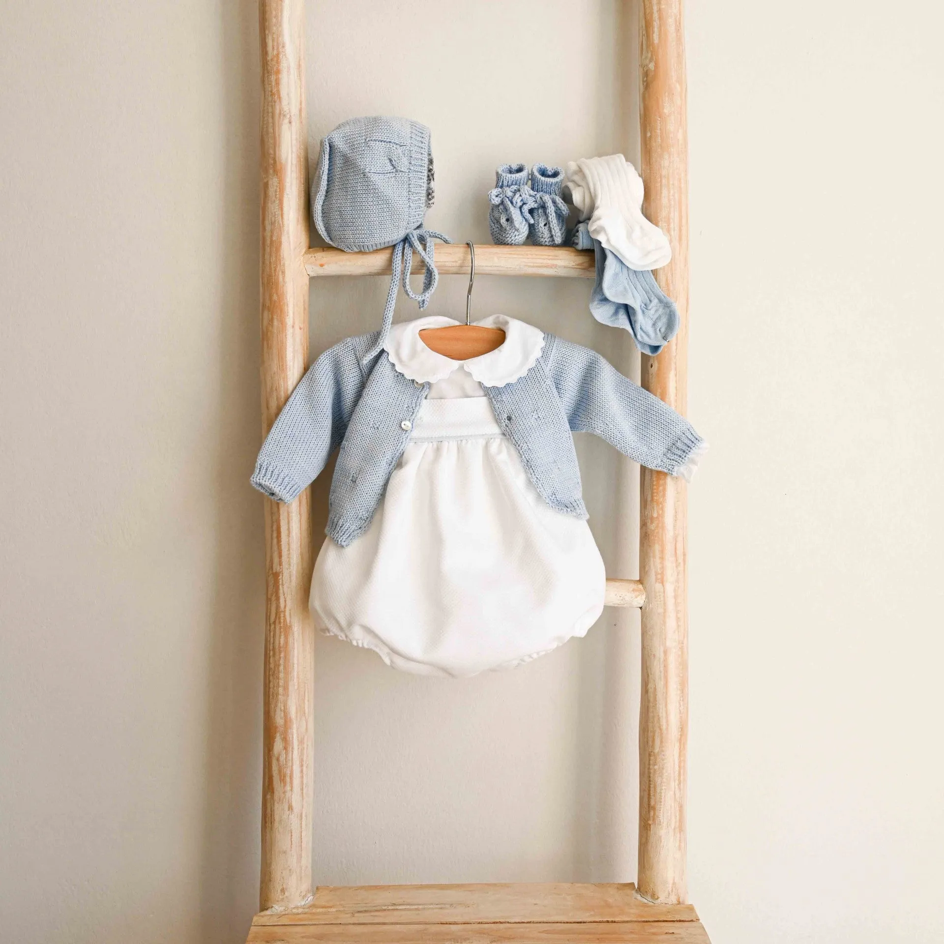 White Piqué Romper with Blue Trim