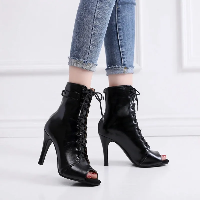 Women's Black Lace-Up Front Stiletto High Heel Sandals