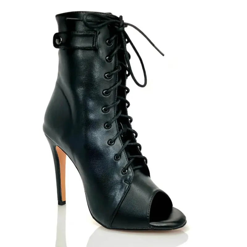 Women's Black Lace-Up Front Stiletto High Heel Sandals