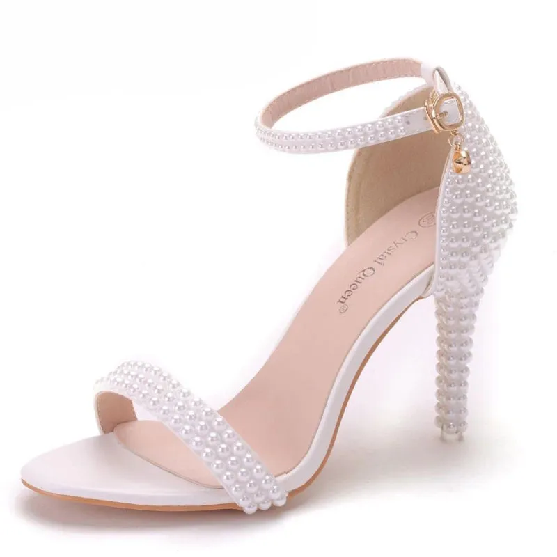 Wonderful Pearl Studded Stiletto Pumps High-Heeled Bridal Sandals