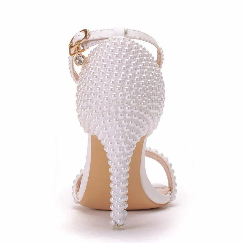 Wonderful Pearl Studded Stiletto Pumps High-Heeled Bridal Sandals