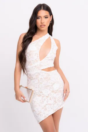 Xoxo White Criss Cross Floral Lace Sequin Embellished Cut Out Mini Dress